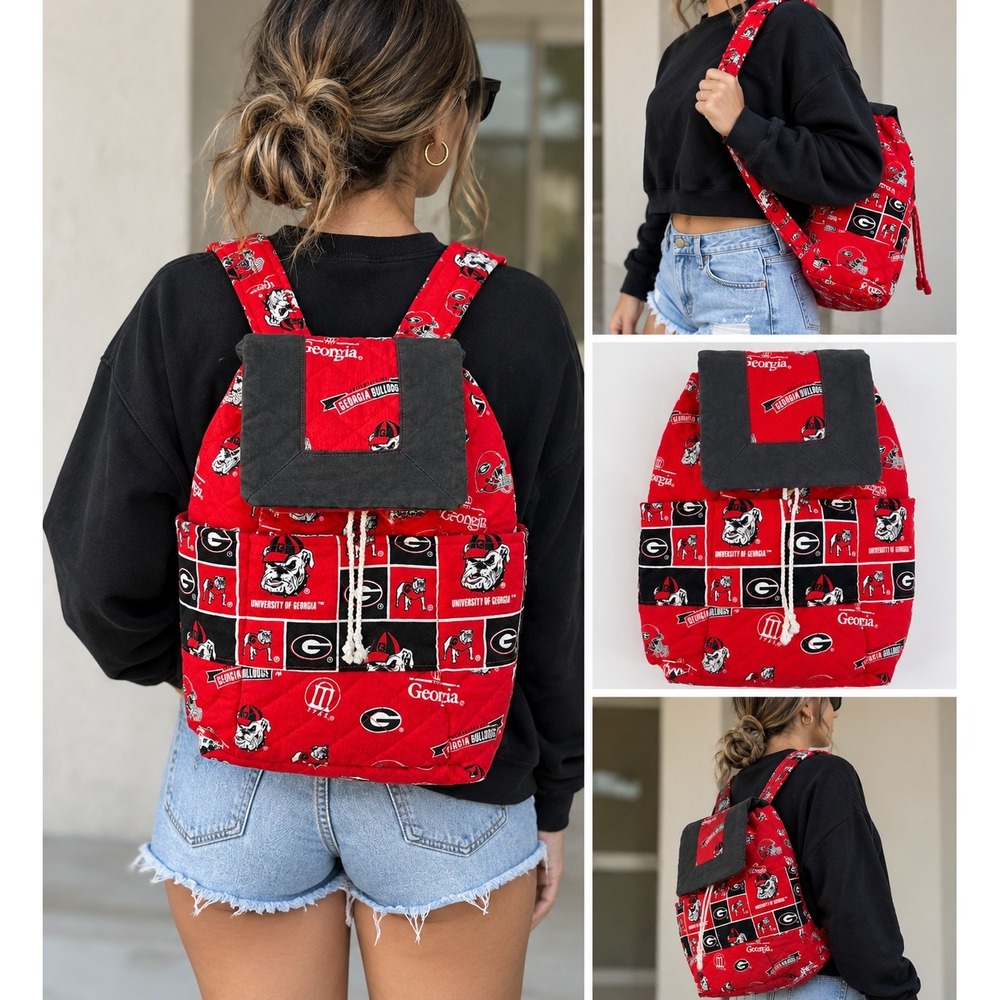 University of Georgia Bulldogs Quilted Drawstring Backpack Red Black NCAA Bag